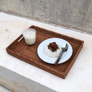 NAMA Brown Woven Rattan Tray With Insert Handle  - Wicker Serving Tray - Boho Tray For Coffee Table