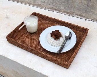 NAMA Brown Woven Rattan Tray With Insert Handle  - Wicker Serving Tray - Boho Tray For Coffee Table