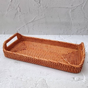 Vintage-Style Brown Rectangular Rattan Tray - Great for Perfumes, Serving, Bedroom, and Coffee Tables