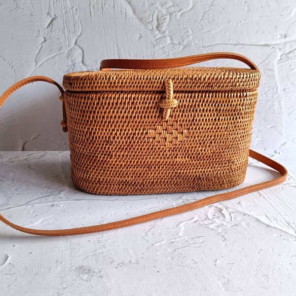 Handmade Bali Oval Rattan Bag With Leather Strap | Ata Bag | Straw Woven Bag | Bohemian Crossbody Bag