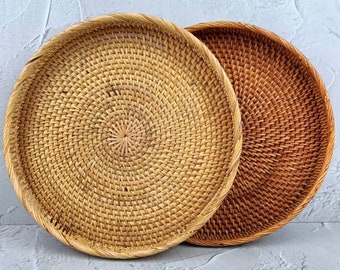 Woven Round Rattan Tray, Boho Tray, Small Round Basket, Wicker Decorative Tray