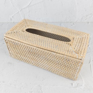 Handmade Rattan Tissue Box Cover, Whitewash Rectangular Design, Natural Boho Style Table Decor and Accessory