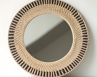 Dual Tone Round Rattan Mirror, Boho Natural Wall Decor