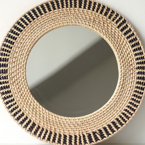 Dual Tone Round Rattan Mirror Boho Natural Wall Decor Etsy