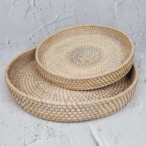 White Woven Round Rattan Tray, Coffee Table Tray, Round Boho Serving Tray for Table, Straw Serving Tray