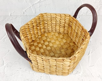 Handwoven Hexagonal Water Hyacinth Basket with Tall Synthetic Leather Handle, Decorative Tray