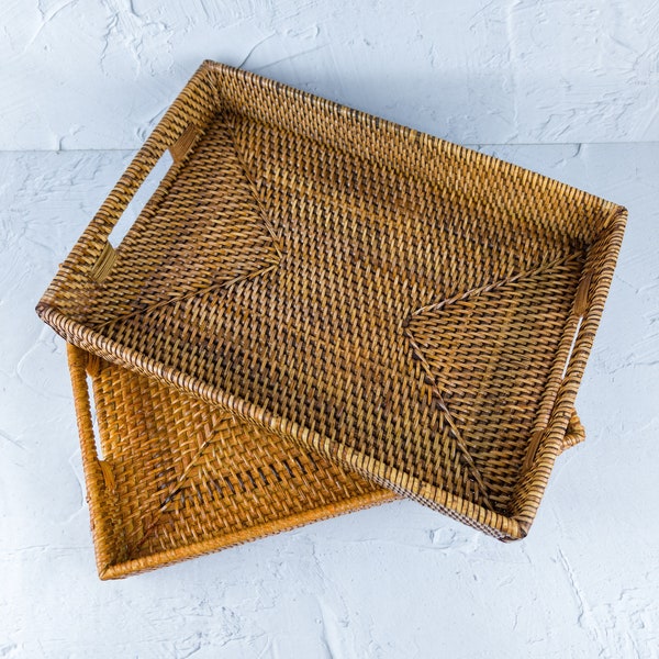 Classic Handmade Natural Woven Rattan Rectangle Tray with Handles for Serving and Decorating - Perfect for Coffee Tables and Home Decor