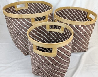 Set 3 Brown Round Bamboo Laundry Basket With Handle, Large Wicker Plant Stand
