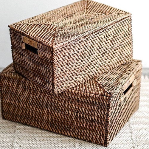 Rectangular Rattan Storage Box With Lid Food Container Box Etsy