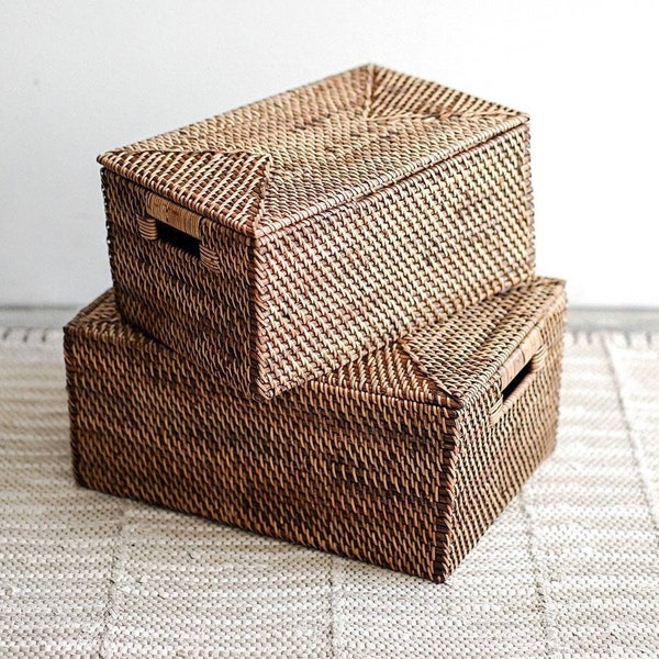 A pair of Dark Brown Woven Rattan Storage Box With Lid, Large Organizer Box, Wicker Rectangle Container