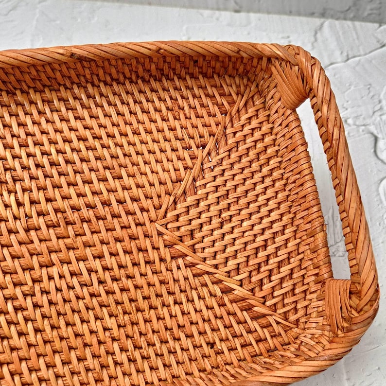 Handwoven Rattan Tray – Vintage Brown Rectangle Serving Tray image 4