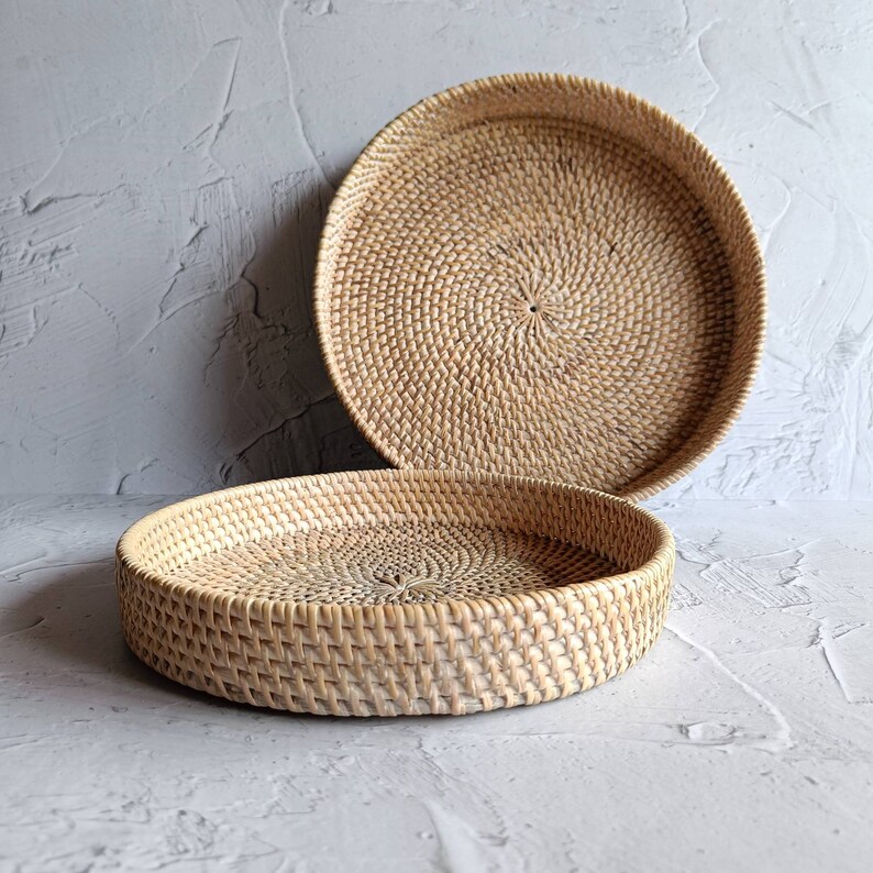 White Woven Round Rattan Tray, Coffee Table Tray, Round Boho Serving Tray for Table, Straw Serving Tray 