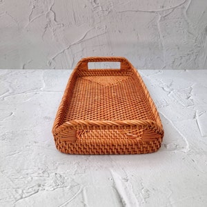 Handwoven Rattan Tray – Vintage Brown Rectangle Serving Tray image 2