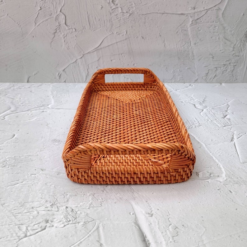 Handwoven Rattan Tray – Vintage Brown Rectangle Serving Tray image 2