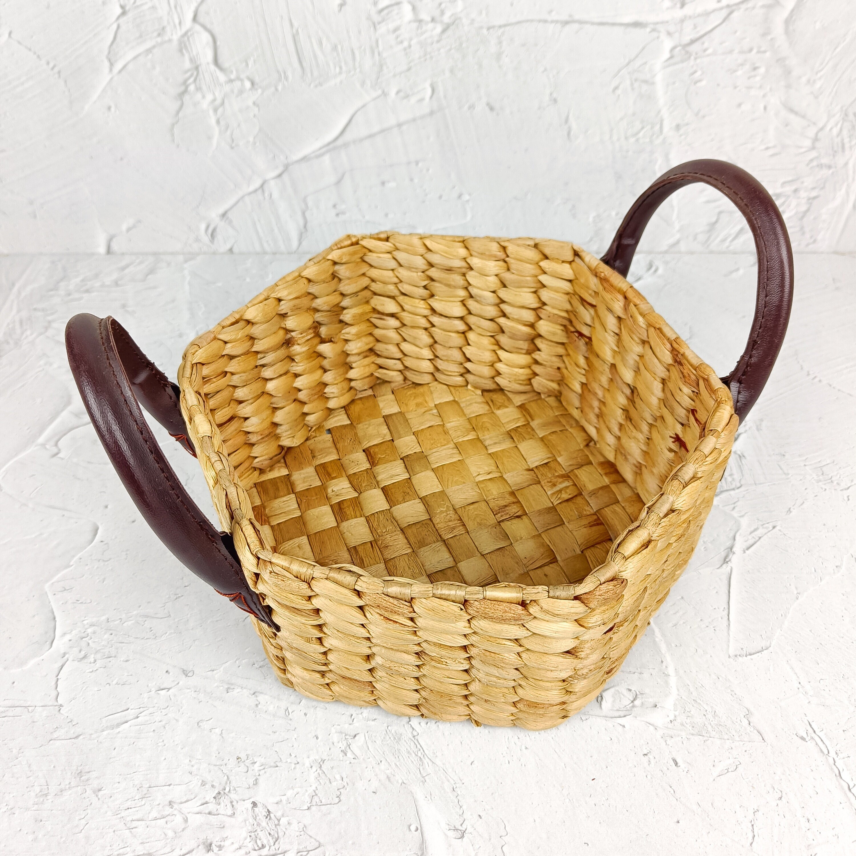 Hexagonal Water Hyacinth Basket with Leather Handle, handmade in Indonesia — product view 1