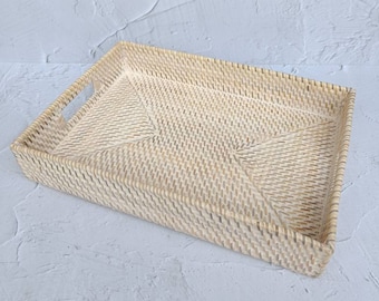 Handwoven Rattan Serving Tray, White Wash Finish, Lombok Indonesian Craft