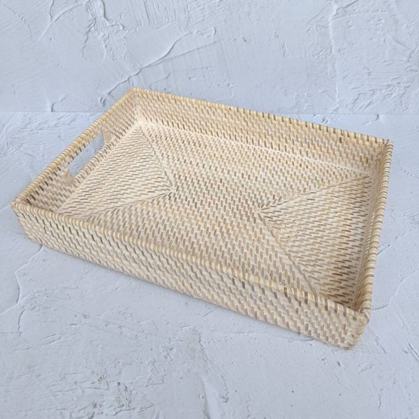Serving Tray, White Wash Rectangular Rattan Tray With Cut Out Handle, Breakfast Tray