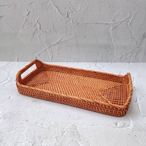 Handwoven Rattan Tray – Vintage Brown Rectangle Serving Tray