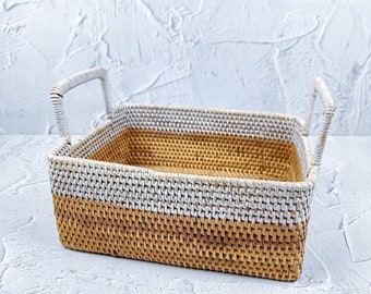 Rectangular Two-Tone Rattan Decorative Serving and Storage Tray With High Handles