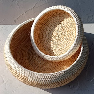 Handwoven Two Tone Round Rattan Bowl | Decorative Bowl | Fruit Basket | Round Boho Straw Serving Bowl for Table