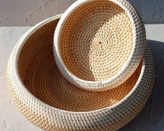 Handwoven Two Tone Round Rattan Bowl | Decorative Bowl | Fruit Basket | Round Boho Straw Serving Bowl for Table