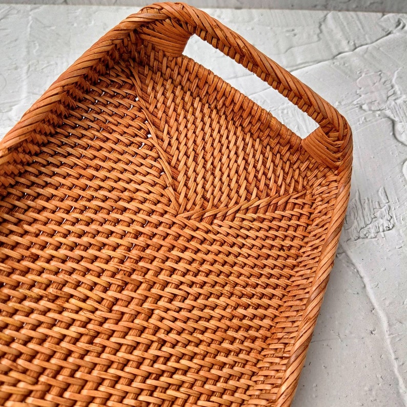Handwoven Rattan Tray – Vintage Brown Rectangle Serving Tray image 5