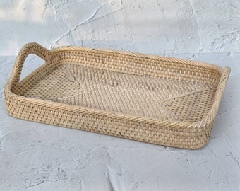Handcrafted White Rattan Serving Tray, Woven Coffee Table Decor