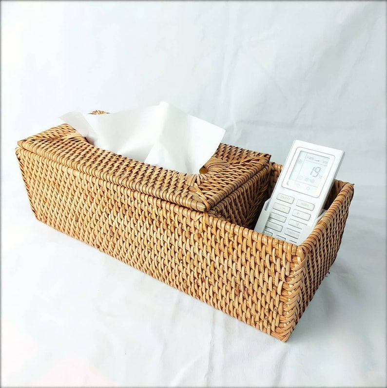 Rattan Tissue Box Cover With Remote Holder Handmade Kleenex Etsy