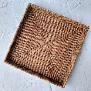 Aesthetic Dark Brown Woven Rattan Square Tray, Straw Serving Tray, Decorative Boho Tray for Table Decor