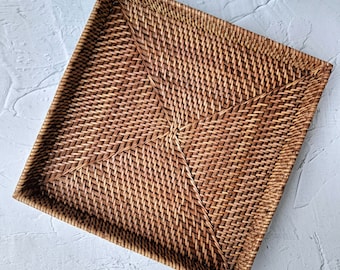 Aesthetic Dark Brown Woven Rattan Square Tray, Straw Serving Tray, Decorative Boho Tray for Table Decor