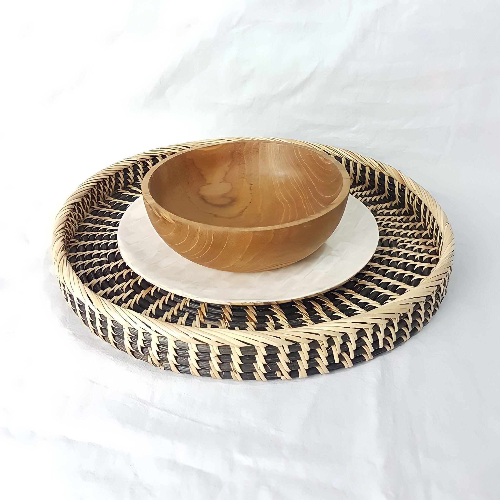 Handwoven Dual Tone Rattan Round Tray, handmade in Indonesia — product view 1