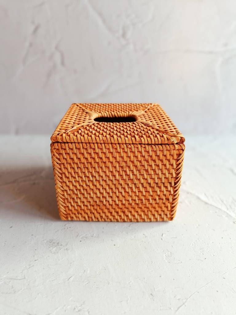 Handmade Brown Rattan Square Tissue Box Cover, handmade in Indonesia — product view 1