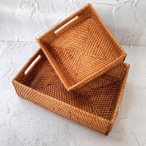 Woven Rattan Rectangle Storage Box, Rattan Tray, Straw Square Tray, Boho Natural Decorative Basket