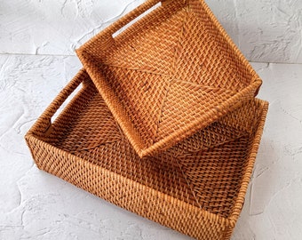 Woven Rattan Rectangle Storage Box, Rattan Tray, Straw Square Tray, Boho Natural Decorative Basket