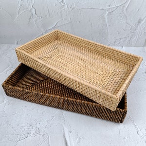 Rechteckiges Rattan gewebtes Tablett ohne Griff mit natürlicher Farbe, Brotkorb-Aufbewahrung, rechteckiger Obstkorb, Trockenobst-Servierplatten-Tablett