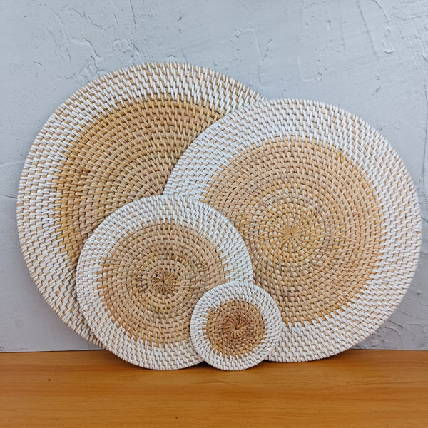 Handwoven Two Tone Round Rattan Placemats | Bohemian Table Setting | Farmhouse Style