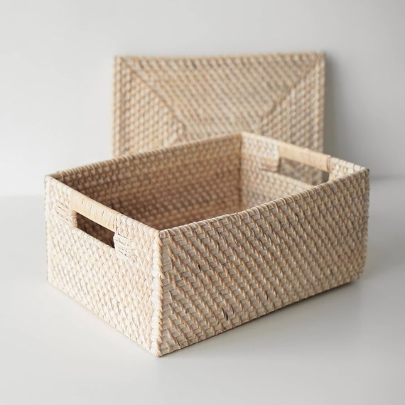 A Pair of White Woven Rattan Storage Box With Lid, Large Organizer Box,  Wicker Rectangle Container -  Canada