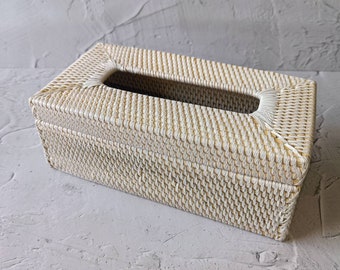 Handmade Rectangular White Rattan Tissue Box Cover, Natural Table Decor, Bathroom Decoration