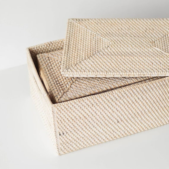 A Pair of White Woven Rattan Storage Box With Lid, Large Organizer Box,  Wicker Rectangle Container 