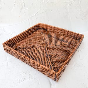 Aesthetic Dark Brown Woven Rattan Square Tray, Straw Serving Tray, Decorative Boho Tray for Table Decor