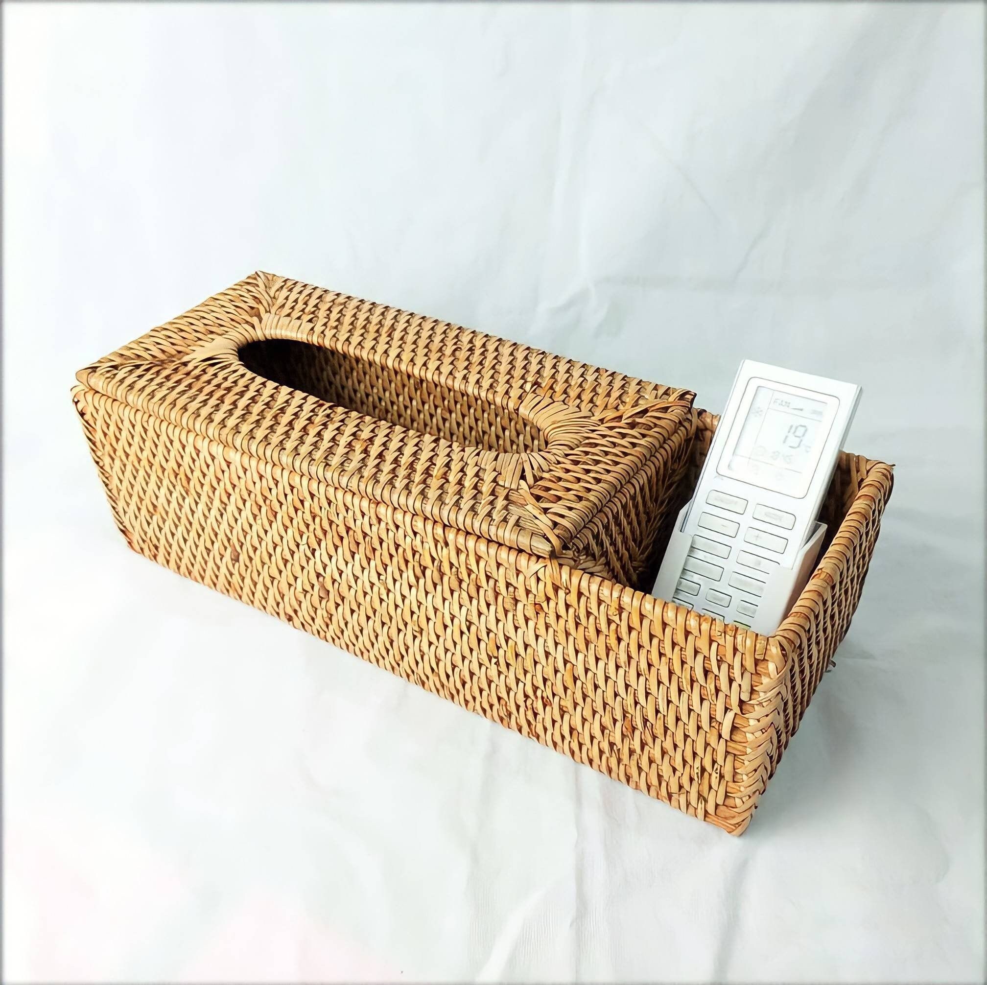 Rattan Tissue Box Cover With Remote Holder Handmade Kleenex Etsy