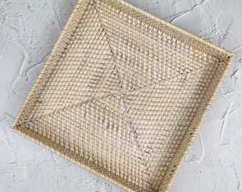 White Washed Rattan Square Tray, Handwoven Boho Decor