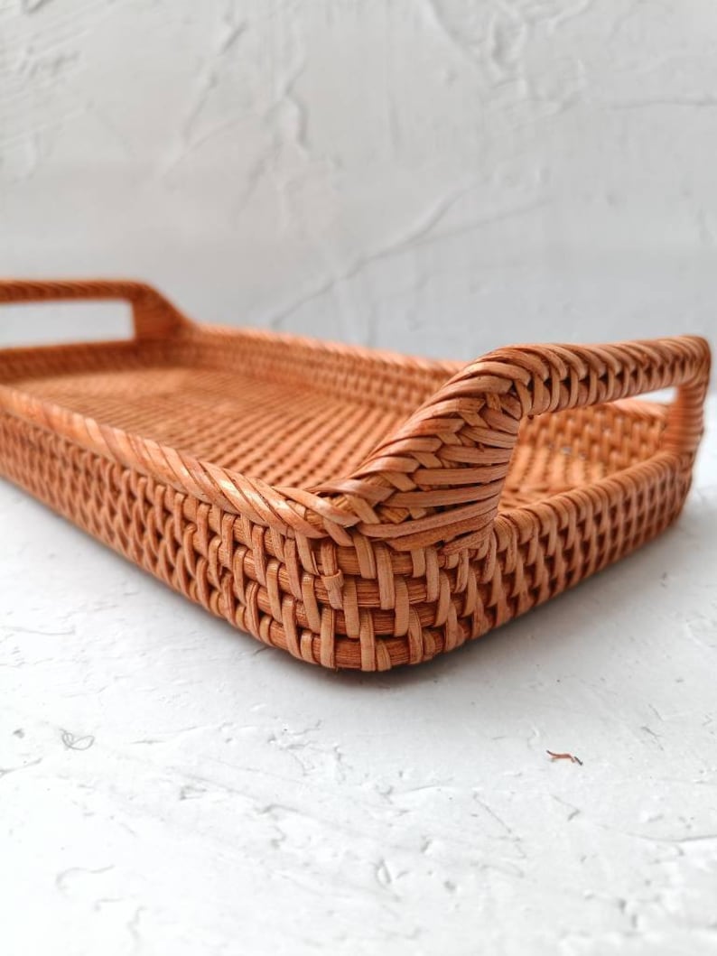 Handwoven Rattan Tray – Vintage Brown Rectangle Serving Tray image 3