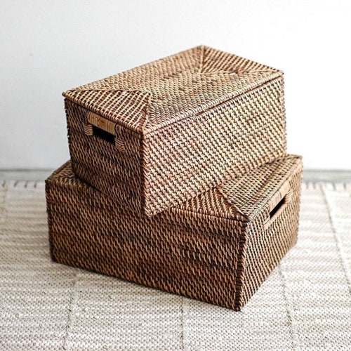 Rectangular Rattan Storage Box With Lid Food Container Box Etsy