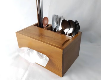 Handmade Vintage Style Wooden Tissue Box With Three Utensil Holders, Teak Wood Furniture, Hankie Box