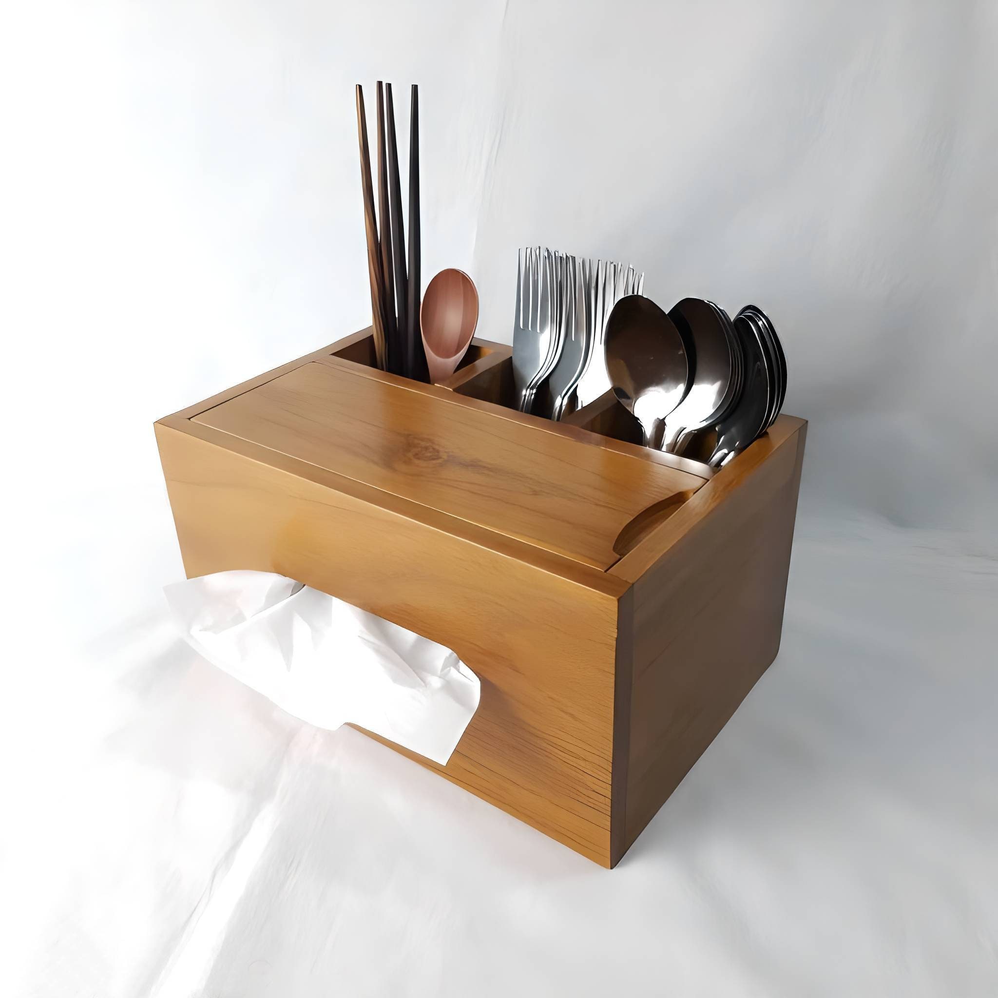 Teak Wood Tissue Box with Utensil Holders, handmade in Indonesia — product view 1