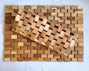 Mantel individual vintage de madera, mantel individual rectangular de madera de teca plegable natural, camino de mesa de madera