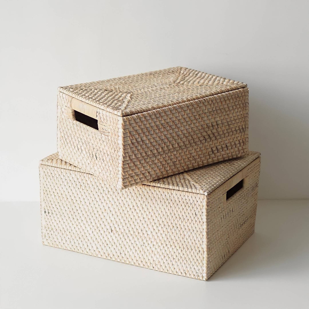 Set Of 2 Rectangular Wicker Storage Bins With Lids - Natural Rattan Organizer Boxes