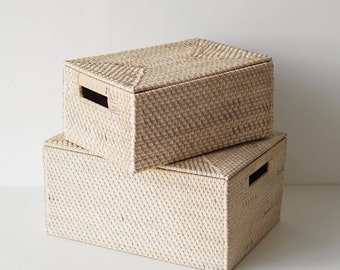 A Pair of White Woven Rattan Storage Box With Lid, Large Organizer Box, Wicker Rectangle Container