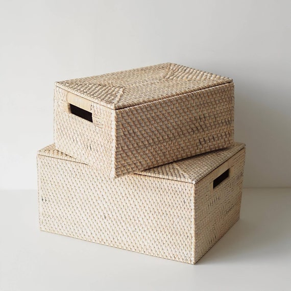 Un paio di scatole portaoggetti in rattan intrecciato bianco con coperchio,  grande scatola organizer, contenitore rettangolare in vimini -  Italia